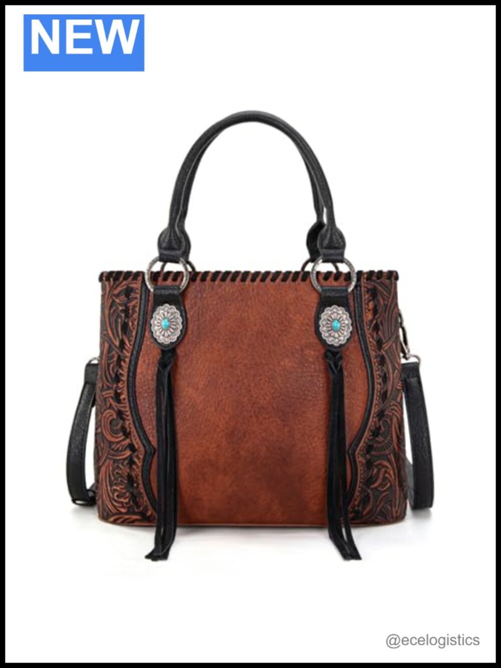 Faux Leather Western Tote with Floral Tooling Adjustable Crossbody Strap